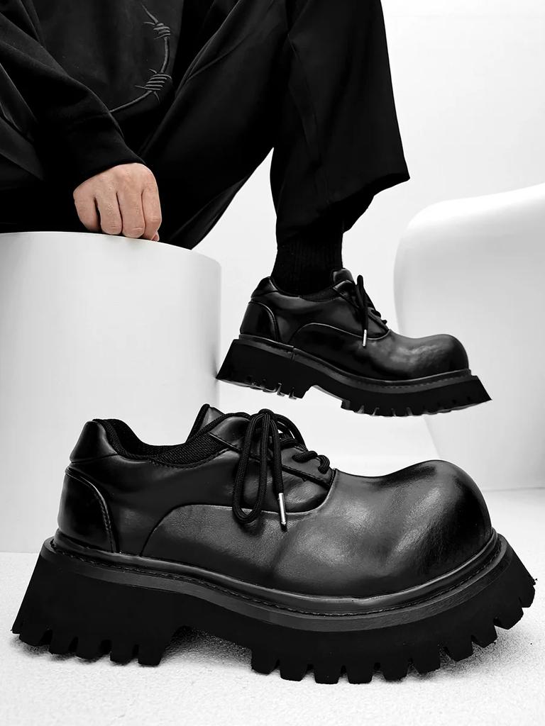 Round Toe Derby Men's women Thick Bottom Extra Height Black Leather Shoes High-Grade British Ins Big Head Shoes