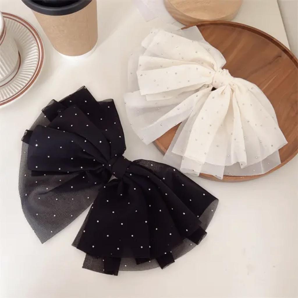 Elegant Temperament Mesh Hair Clip for Woman Rhinestone Large Bow Hairpin Fashion Girl Duckbill Clip
