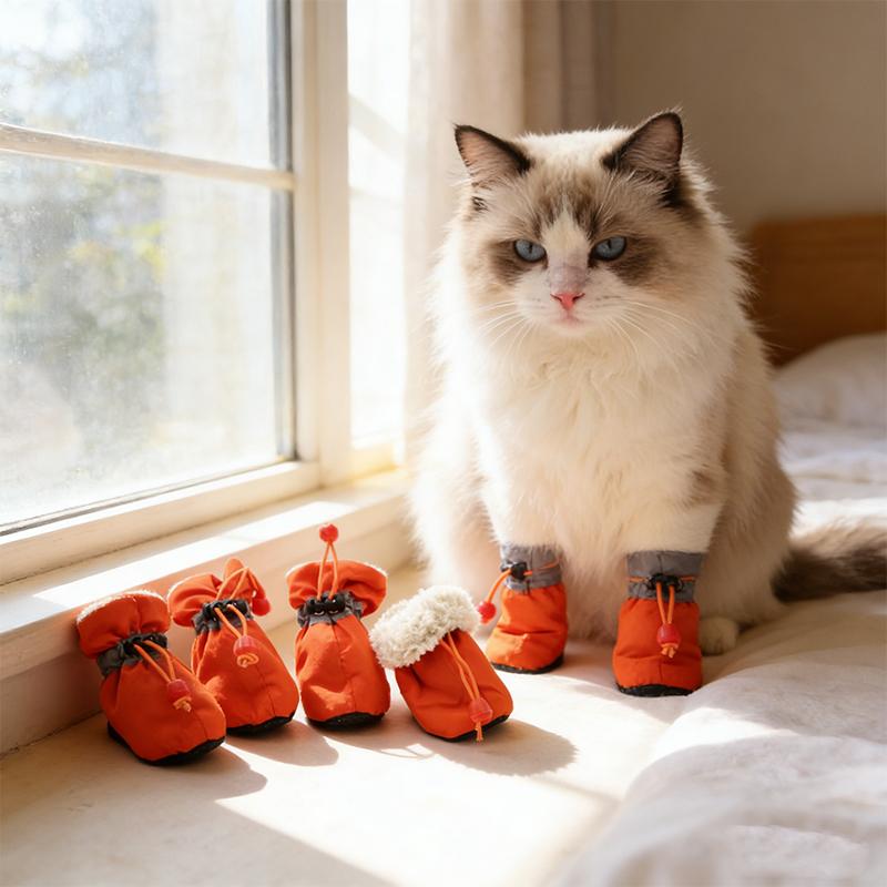 4PCS/Set Fleece Lining Puppy Waterproof Breathable Drawstring Design Cute Pet Shoes Winter Outings Multiple Colors