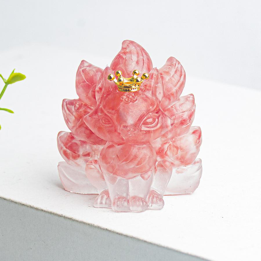 Water Crystal Decorative Figurine With Crown Nine Tails Fox For Modern Desk Display