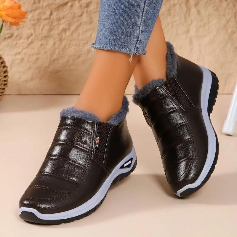 Fashion PU Leather Plush Women Warm Sneakers Casual Comfort Platform Women's Vulcanize Shoes Winter Slip on Thick Bottom Cotton Shoes