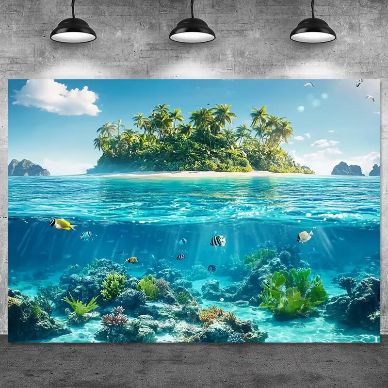 2D Printed Split Ocean View Backdrop, Tropical Island with Underwater Coral Reef Photography Background