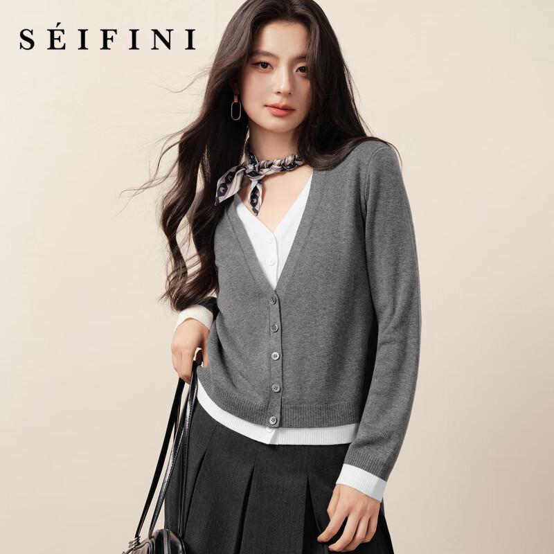 

SEIFINI Женский вязаный топ с длинным рукавом, цветной блок, имитация двух частей 3G9131791 L