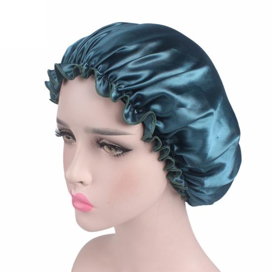 

Solid Color Soft Satin Sleeping Cap Night Sleep Hat Hair Care Elastic Bonnet павлин голубой