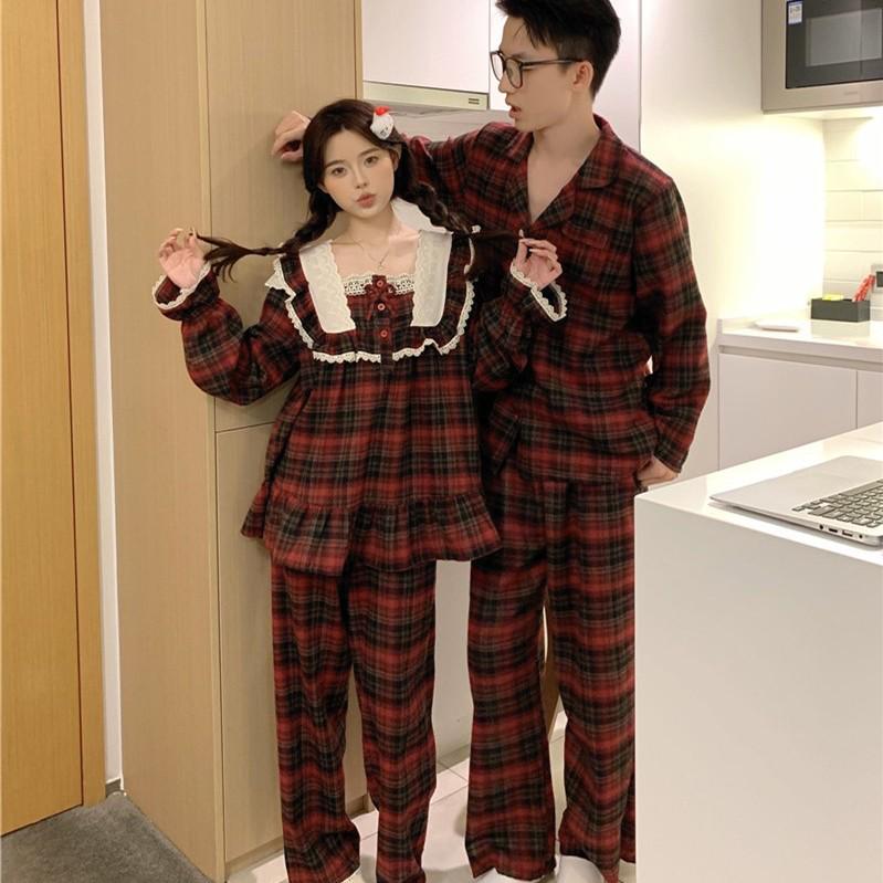 Korean Style Autumn/Winter Couples Red Plaid Lace Homewear Set: Comfortable and Sweet.