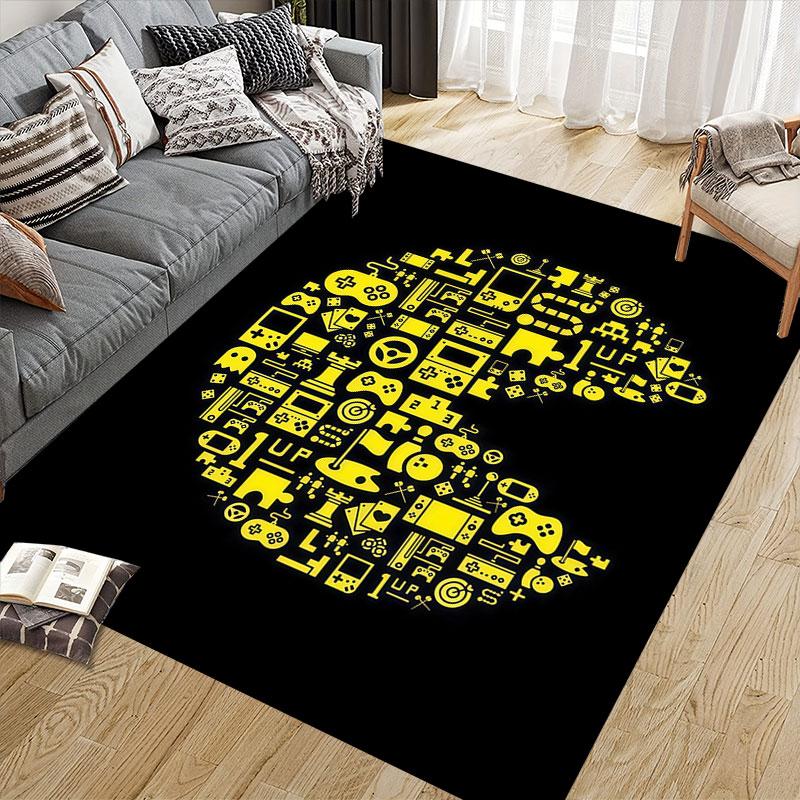 Pac‑Man Flannel Printed Carpet, Home Sofa Decoration for Living Room & Bedroom, Non‑Slip Play Flannel Floor Mat for Game Room