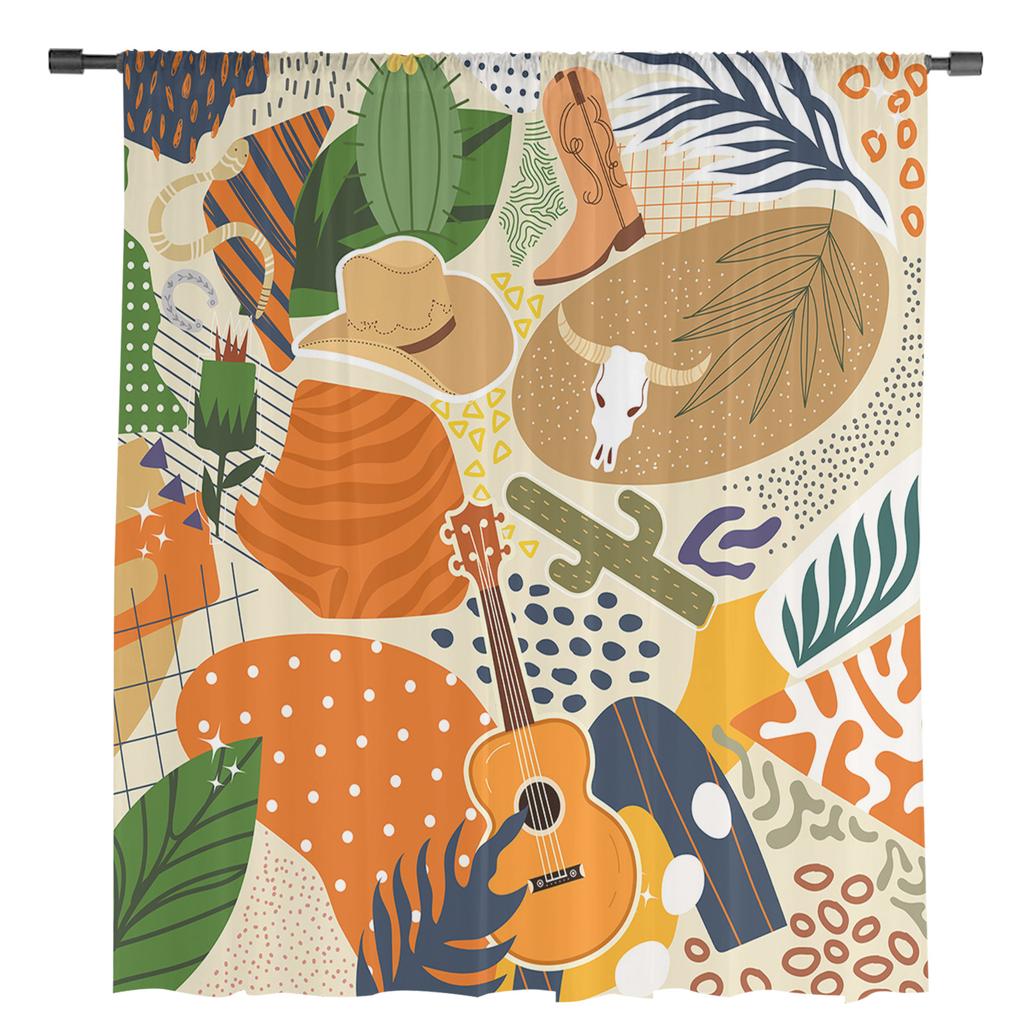 Cowboy Desert Cactus Guitar Bohemia Tulle Curtains For Living Room Bedroom Voile Sheer Curtain Window Home Decor Drapes