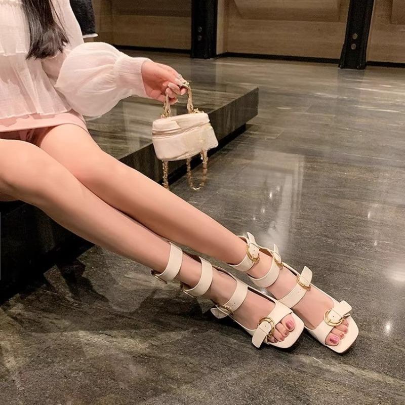 Fashion Fish Mouth High Heel Sandals Women's Summer Square Toe Open Toe Metal Belt Buckle Roman Cutout Square Heel Shoes