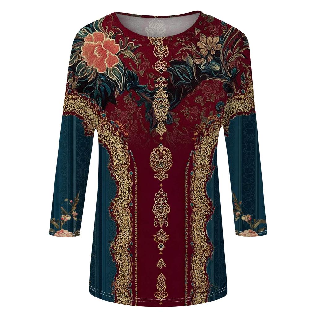 Trendy Vintage 3/4 Sleeve Top For Women,Ladies Casual Three Quarter Sleeve Round Collar Printed T-Shirt Blouse