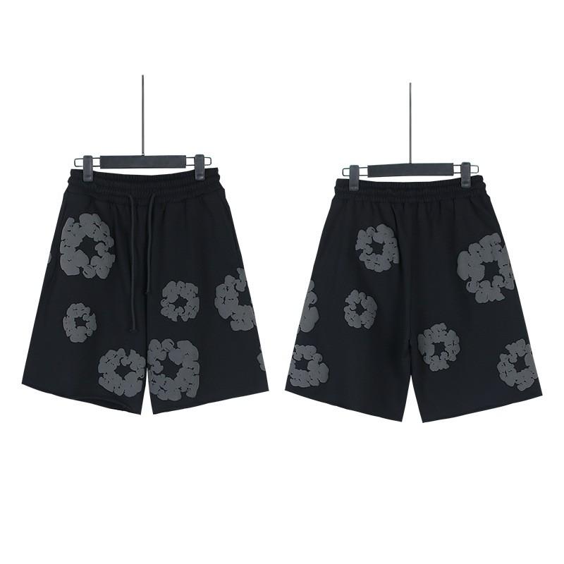 Men Women Streetwear Oversized Denim Shorts With Cotton Puff Floral Print Loose Fit Short Pants