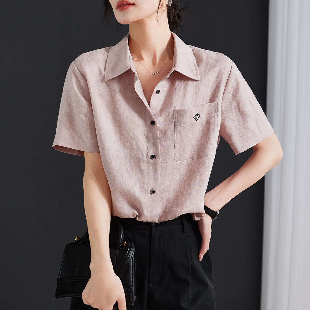 Embroidered collar short sleeved linen shirt for women, 2026 summer commuting versatile shirt, small shirt