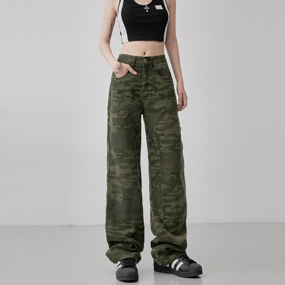 

Камуфляжные повседневные джинсы женские комбинезоны прямой крой чувство дизайна весна и осень новые тонкие уличные джинсы 2XL