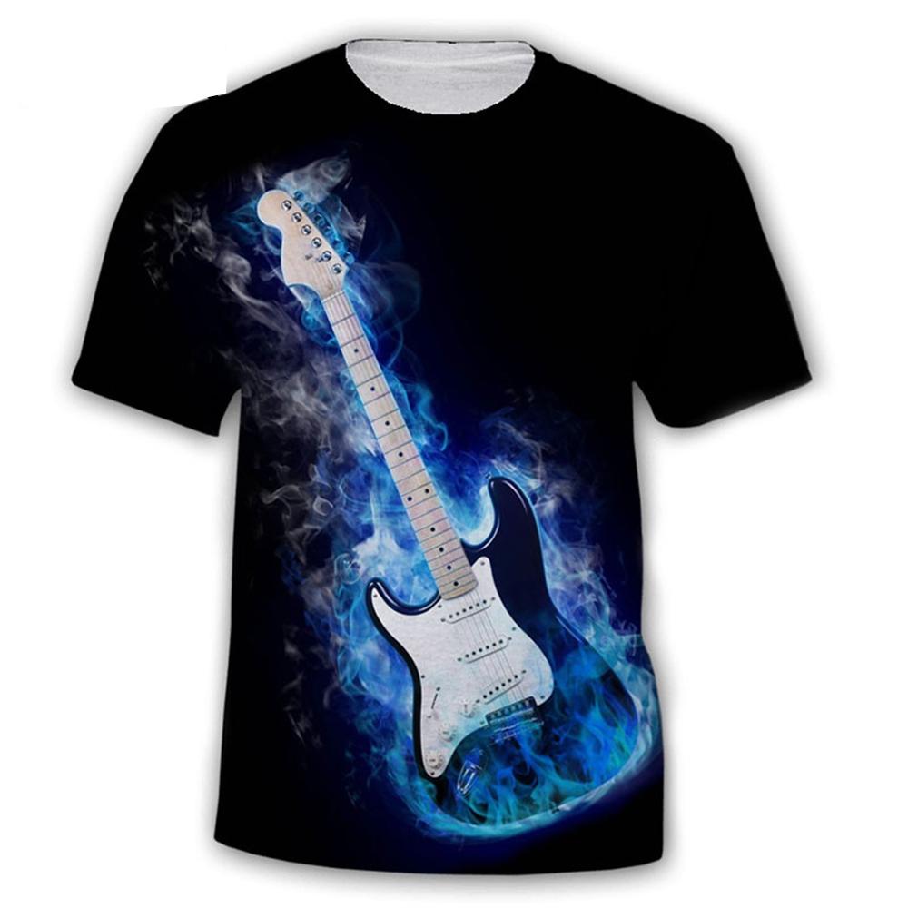 Summer Round Neck 3D Guitars Print Top Fashionable Casual Rock Short Sleeved Men's T-shirts