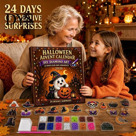 Halloween Gifts for Children Advent Calendar, Faux Diamond Art Kit, 24 Day Countdown, Countdown Surprise DIY Hanging Ornaments Craft Kit Adults,