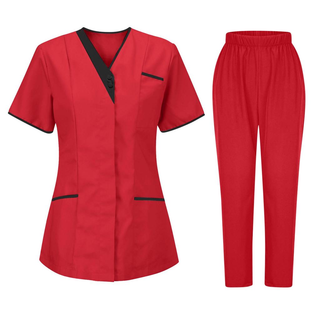 Women's Uniforms Quick Dry Fabrics V-Neck With Pockets Short Sleeves Long Pants Solid Color Workwear Suit
