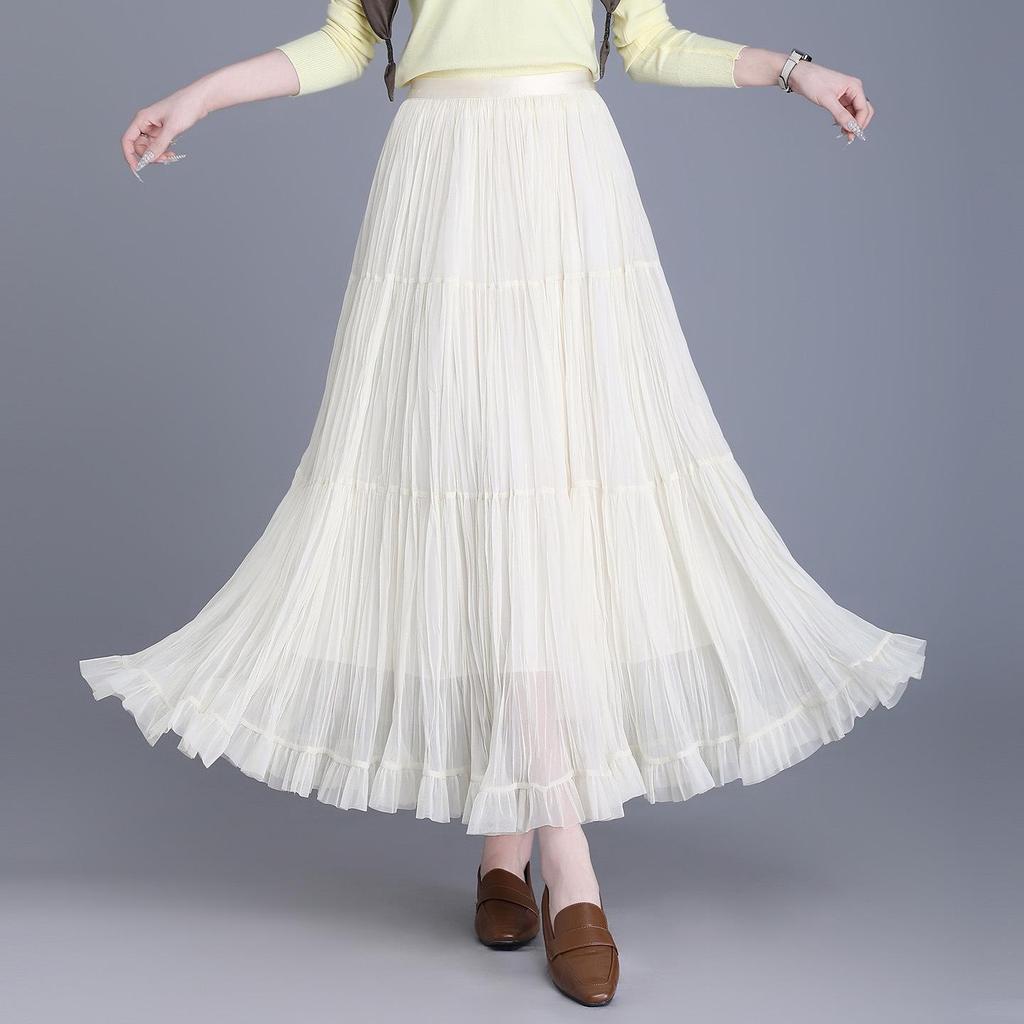 Women's 2026 Retro Ruffled Pleated Mesh Skirt - Slimming Elastic Waist, Early Spring