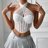 Corset Slim Fit com Strass Sem Mangas Corset Espinha de Peixe Camisola Moda Gola Alta Crop Top Feminino