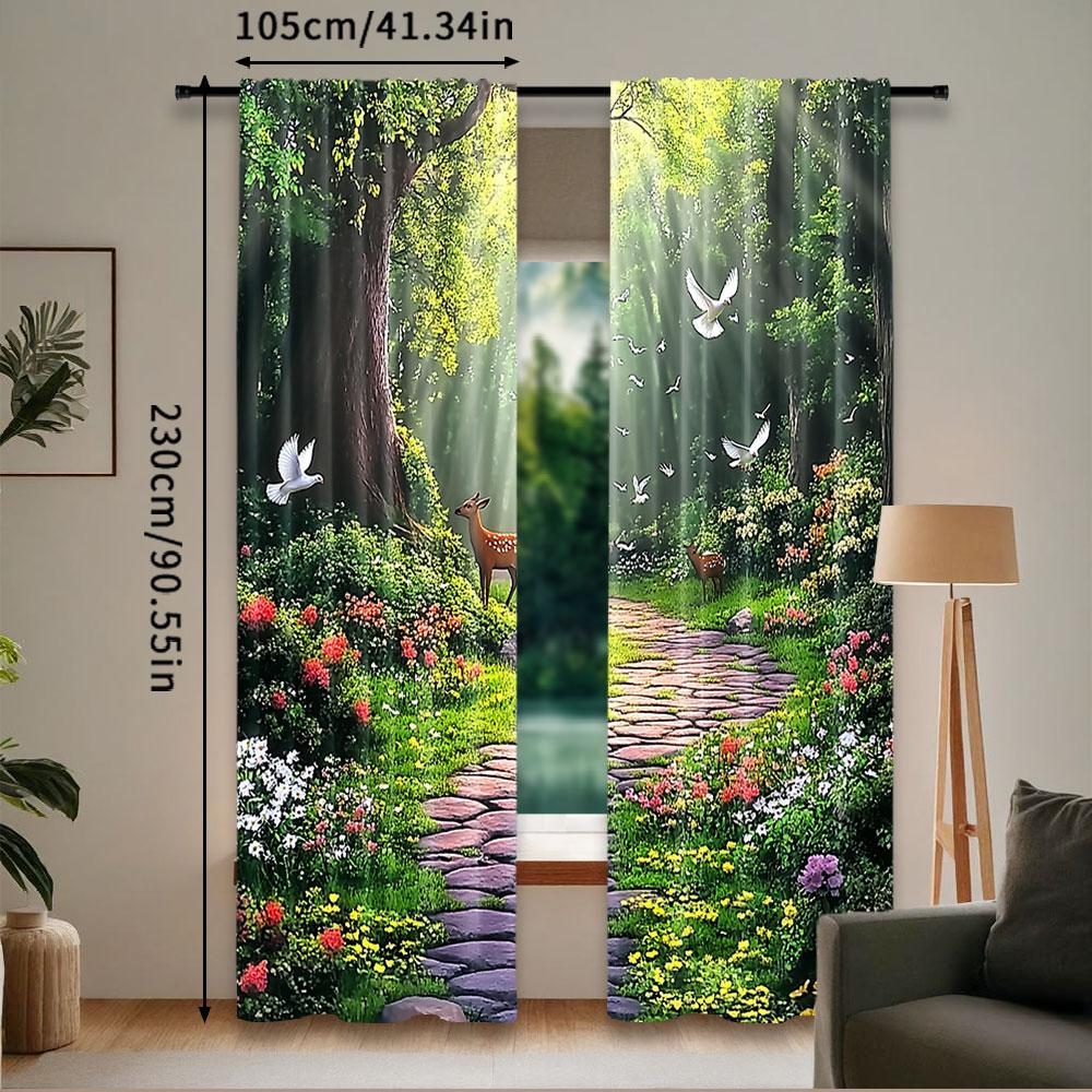 2Pcs Funny Deer Forest Green Leaves Curtain Perfect For Living Room Game Room Bedroom Kitchen Multi Scene Decorative Home Decor