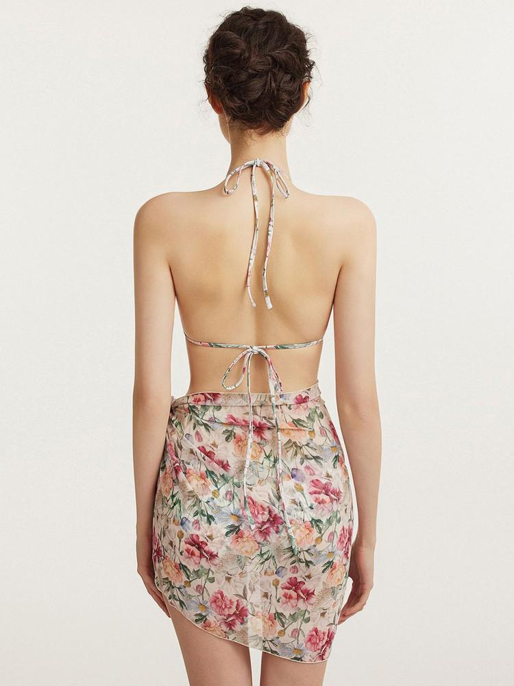European & American Rope Bikini: Printed Strappy Backless Three-Piece Swimsuit