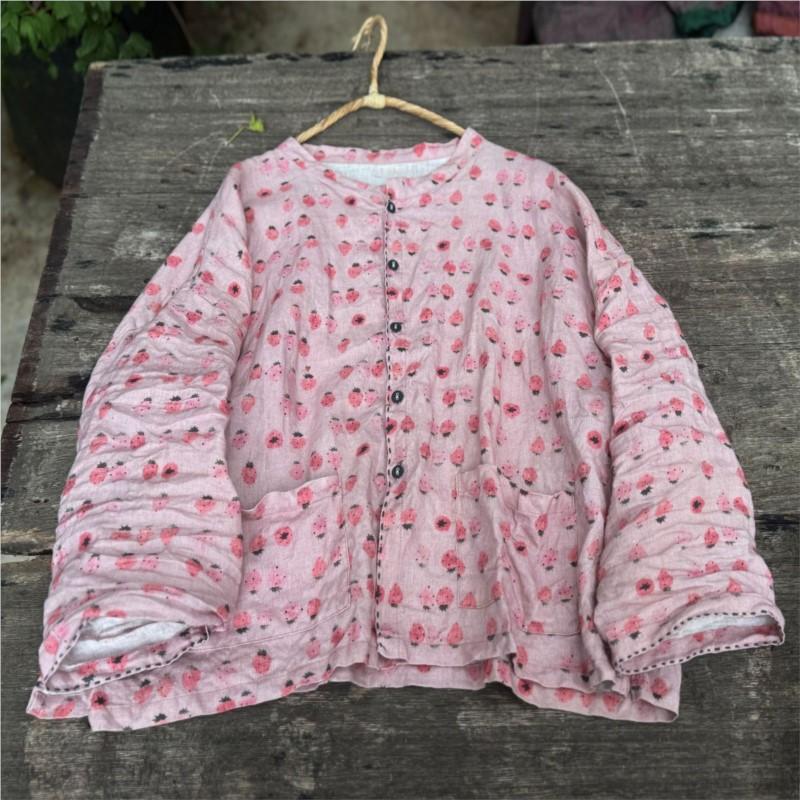 Johnature Camisas Florales Estampado Vintage para Mujer Rosa Cuello Redondo Manga Larga Blusas Otoño Bolsillos Botón Camisas Sueltas
