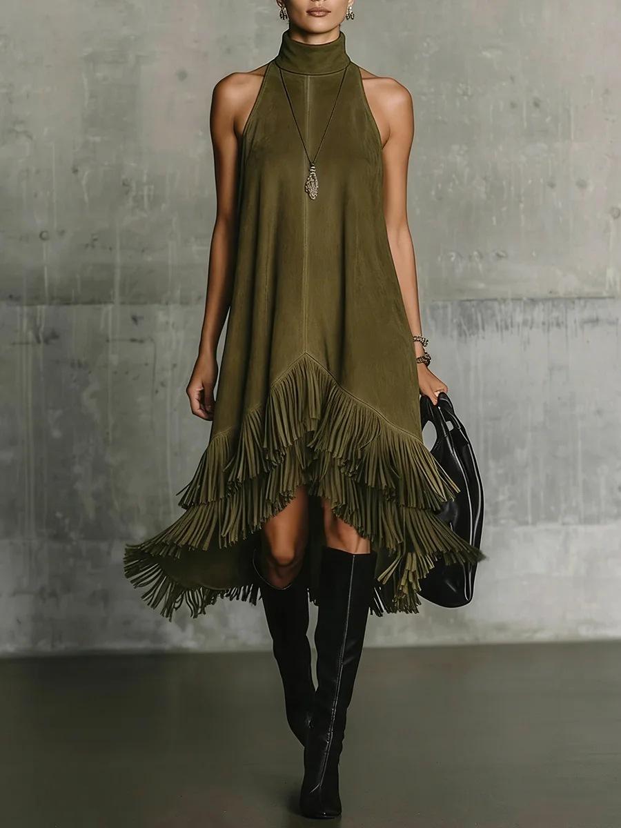Women s Olive Green Sleeveless Halter Neck Dress with Tiered Fringe Hem S армия зеленый