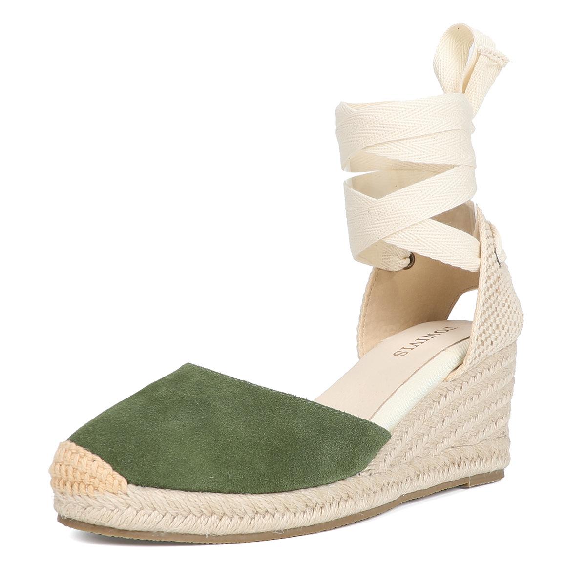 Women s Suede Lace-Up Closed-Toe Straw Wedge Sandals - Summer 2026 Mid-Heel Fashion US5