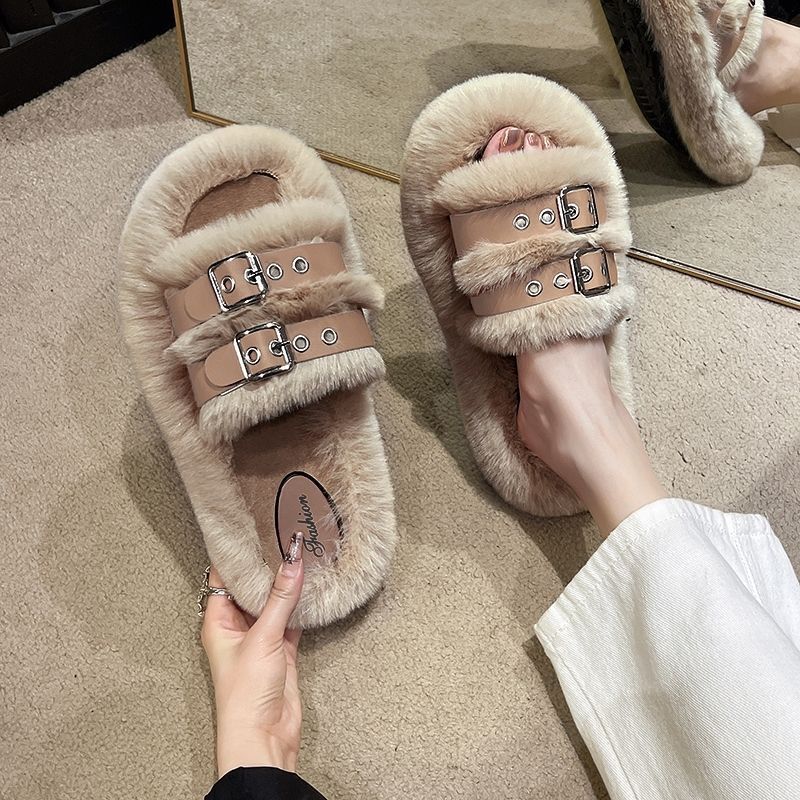 Fashion Fluffy Slippers Women Cute House Slippers Fluffy Slides Warm Slippers Healing Wool Slippers at Home Daily Thick-soled Plush Shoe