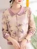 Elegant Floral Long-Sleeve T-Shirt for Middle-Aged & Elderly Women - New Chinese Style Top