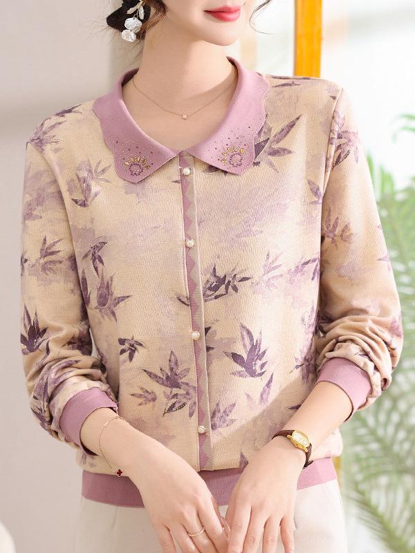 Elegant Floral Long-Sleeve T-Shirt for Middle-Aged & Elderly Women - New Chinese Style Top