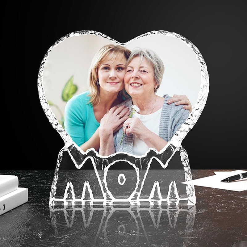 Custom 3D Crystal Photo, Personalized 3D Crystal Night Light Heart-shaped Photo Frame, Best Gift for Couple Love Women Men Wedding (MOM)