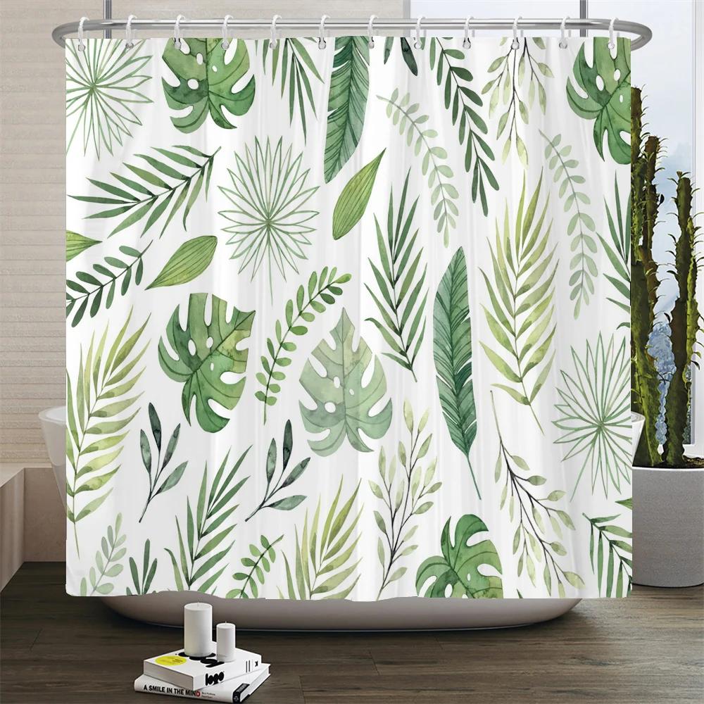 Green Plant Leaves Printed Shower Curtains Waterproof Polyester Curtain with Hook Decoration Bathroom Curtains 3D Shower Curtain