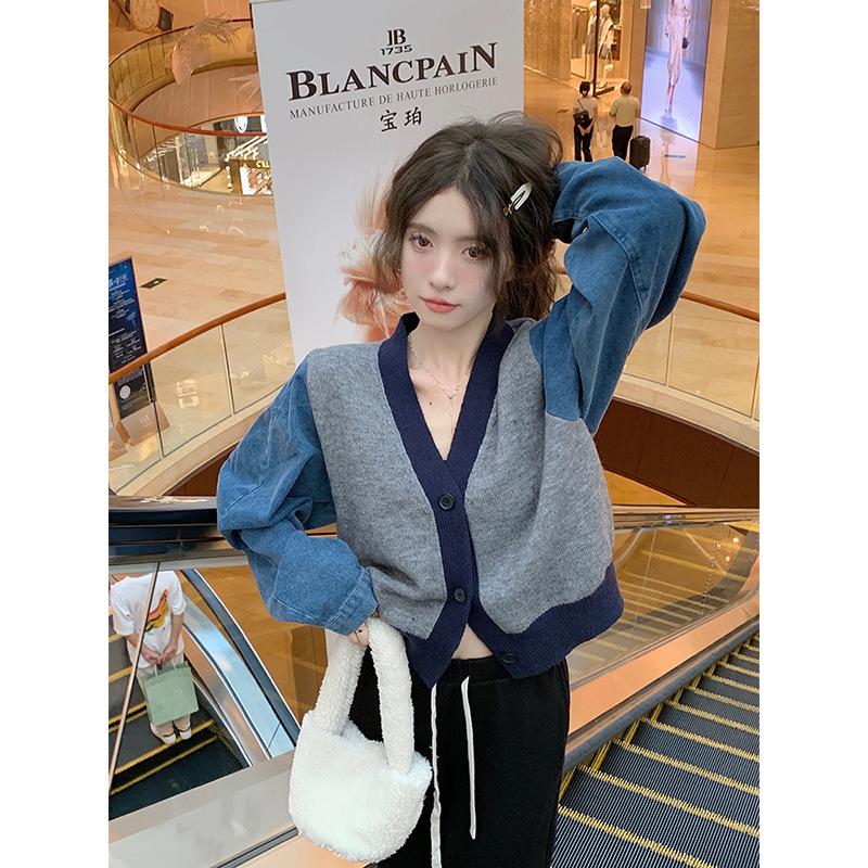 Contrasting Color Long-sleeved Sweater Cardigan Women's Autumn and Winter 2025 New Denim Splicing V-neck Short Casual Knitting