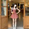 Elegant Retro Red Plaid Puff Sleeve Princess Dress - Slimming & Perfect for Petites