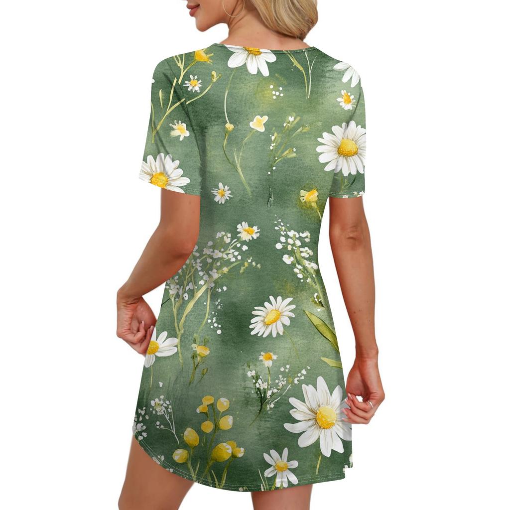 Women's Summer Dresses Women's Summer Floral Print Dresses Short Sleeve Round Tie Pocket Casual Dresses