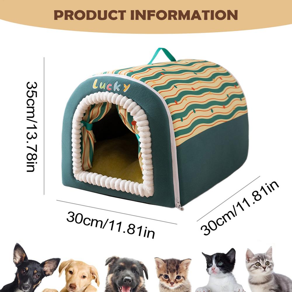Soft Plush Cotton Washable Cat House Bed Winter Warm Pets Puppy Bed With Door Curtain Indoor Cat Cave Winter Dog Sleeping Bed