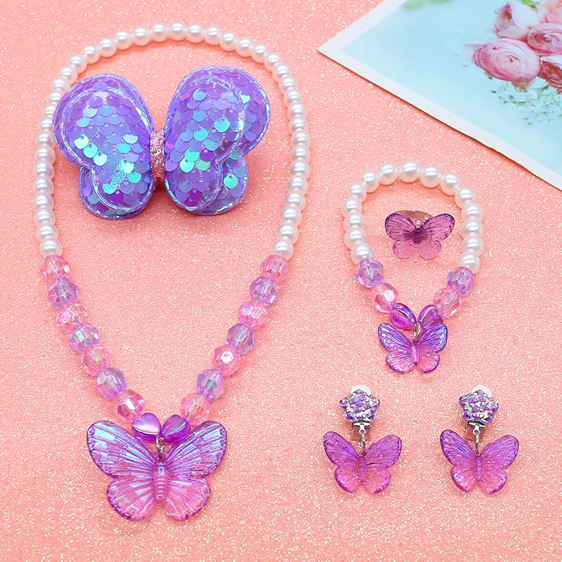 Prinzessinnen Schmuckset für Mädchen: Süßes Cartoon-Schmetterlings-Halskette, Choker, Ohrringe & Ring