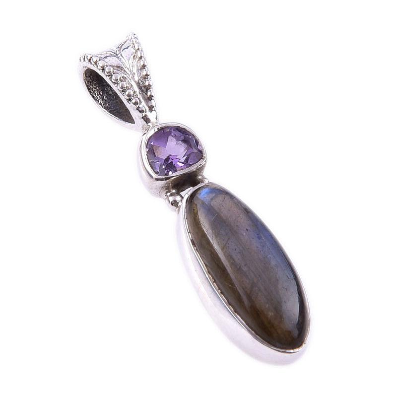 Natural Labradorite, Pink Amethyst 925 Solid Sterling Silver Pendant 1.25'' S7K28