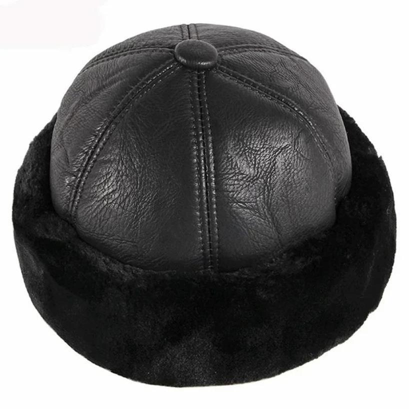 New Outdoor Warm Winter Hat PU Leather Old Man Hat Anti Snow Windproof Retro Style With Added Velvet Insulation Landlord Hat