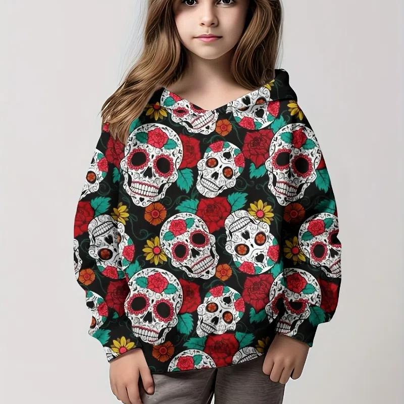 Hoodies Wunderschöner Totenkopf 3D-Druck Mädchen Pullover Sweatshirt Bequeme Passform Halloween Party Langarm Kinderkleidung Mädchen Tops