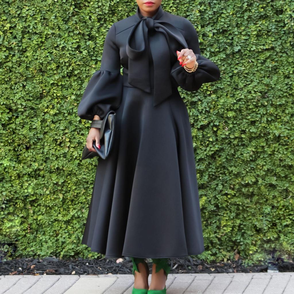 Women Long Sleeve Elegant Dresses Bow Collar High Waisted Pleated Mid Calf Luxury Birthday Party Vestidos Mujer Dress