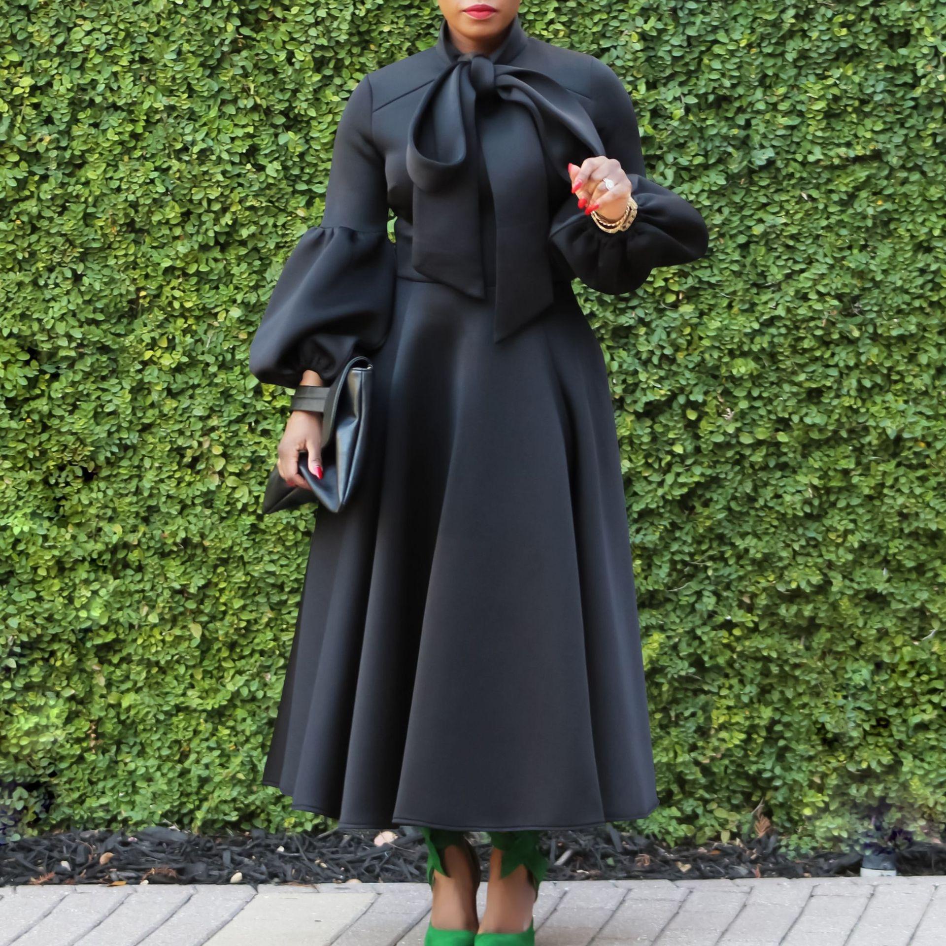 Women Long Sleeve Elegant Dresses Bow Collar High Waisted Pleated Mid Calf Luxury Birthday Party Vestidos Mujer Dress S чёрный