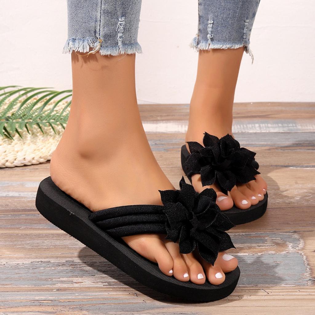 Flip Flops Ladies Floral Comfortable Summer Slide Sandals With 3d Lotus Design Soft Fabric Upper And Eva Sole All Season Casual Beach Wear