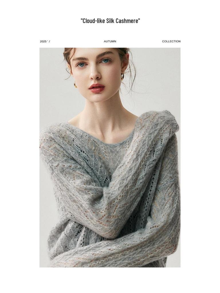 Loose Velvet Cashmere Sweater: 2025 Autumn/Winter Round Neck Hollow Knit Women's Cardigan