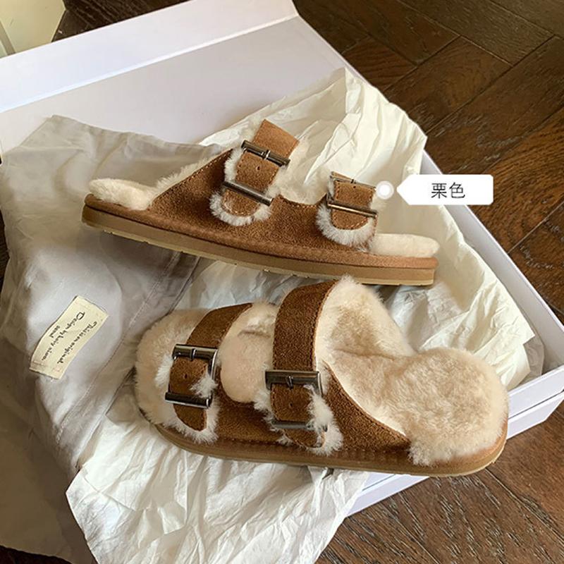 Fashion 2025 Belt Buckle Wool Slippers Women Faux Suede Shoes Winter Furry Slides Female Flats Casual Slip On Lambswool Pantuflas Home