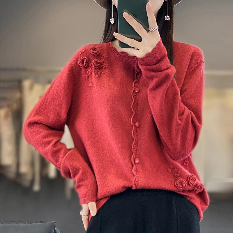 Women's 100% Pure Wool Knit Cardigan - Long Sleeve, Warm, Comfortable, Loose Fit, Slimming, Versatile Sweater.
