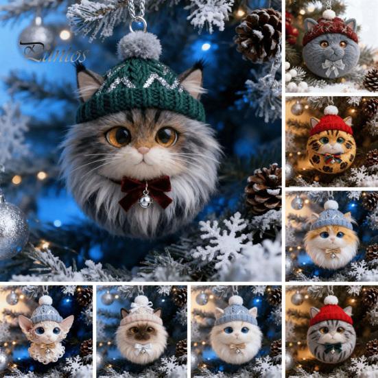Winter Knitted Hat Ornament Plush Pet Shaped 2D Acrylic Cat Dog Rabbit Christmas Tree Pendant Cozy Animal Charm for Car Rearview Mirrow Window
