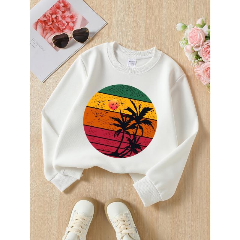 European Sizes Tropical Sunset Palm Trees Birds Sky Gradient Girls' Crew Neck Sweatshirt, Western Top, Long Sleeved, Casual for Little Girls.