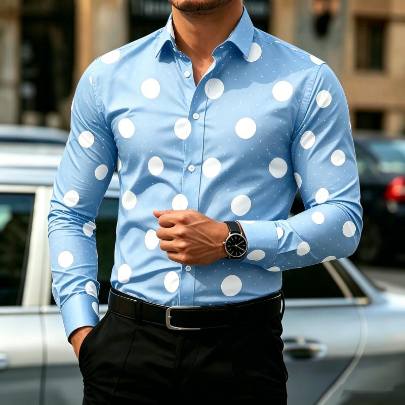 Camicia da Uomo a Pois Manica Lunga, Camicia Business Casual Slim Fit, Top da Uomo Tendenza Moda Casual da Esterno