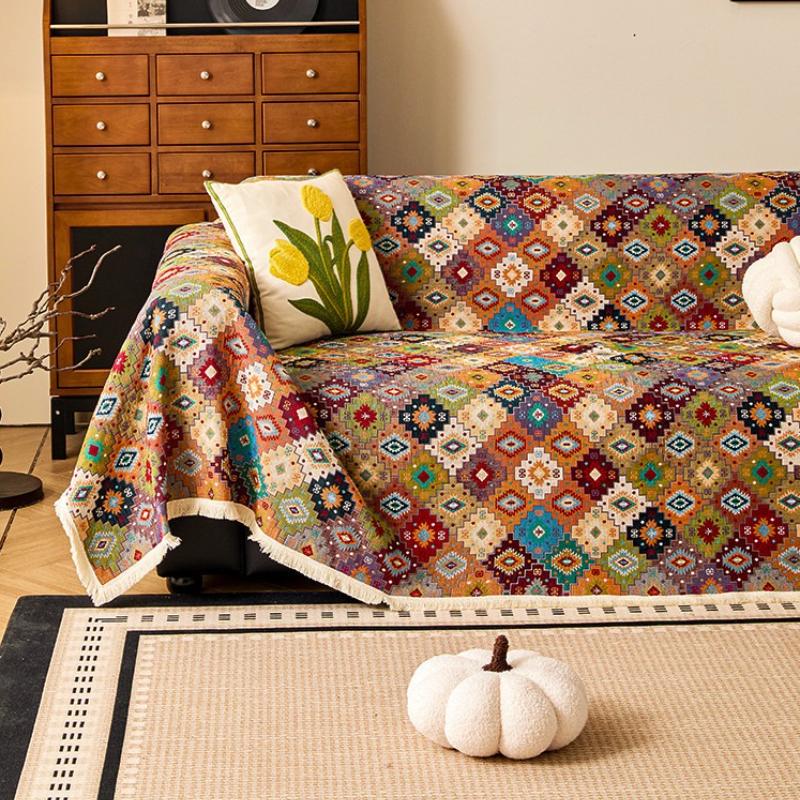 Jacquard Cotton Linen Sofa Towel Ethnic Style Thicken Settee Cloth Retro Style Living Room Dust Cover Multi Functional Blanket