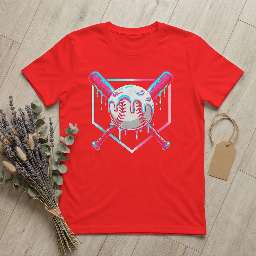 Hipster Baseball Sport Ice Cream Drip TShirts for Unisex Round Collar Pure Cotton T Shirts Funny Meme Short Sleeve Tees Clothing